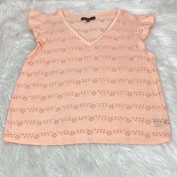 Sanctuary Women’s Peach Flutter Cap Sleeve Floral Eyelet Tunic Blouse S/C39 - Picture 5 of 9